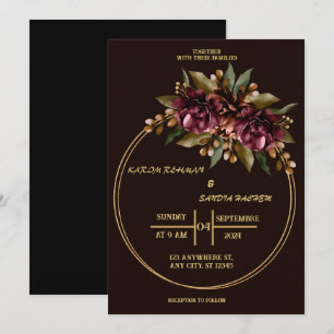 Black Burgundy und Gold Floral Moderne Boho Weddin Einladung