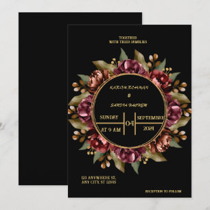 Black Burgundy und Gold Floral Moderne Boho Weddin Einladung