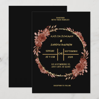 Black Burgundy und Gold Floral Moderne Boho Weddin Einladung