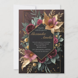 Black Burgundy und Gold Floral Moderne Boho Weddin Einladung