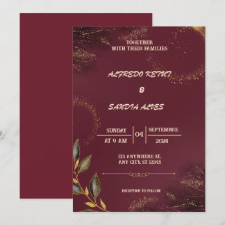 Black Burgundy und Gold Floral Moderne Boho Weddin Einladung