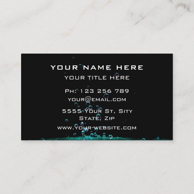 Black Business Card Aqua Türkisfarbene Wassertropf Visitenkarte (Rückseite)