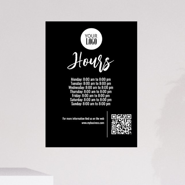 Black Business Hours QR Code Schild Anpassbar (Business add your logo opening hours sign with scannable QR Code. )
