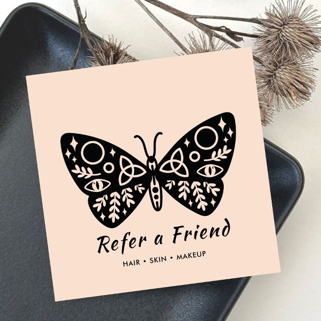Black Butterfly Logo und Blush Pink Schönheitssalo Empfehlungskarte (Von Creator hochgeladen)