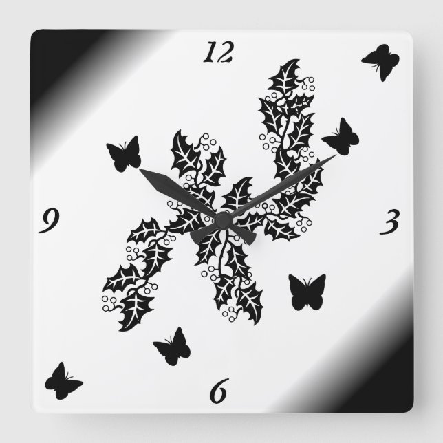 black Butterfly on black and white Quadratische Wanduhr (Vorderseite)