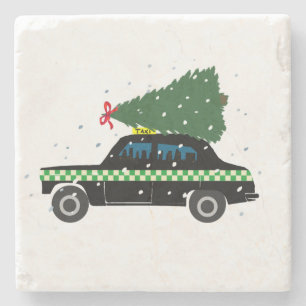 Black Cab Taxi Weihnachtsbaum Zeichnend Schnee Steinuntersetzer
