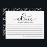 Black Calligraphy Adivce für die Braut Hinweiskarte<br><div class="desc">Black Calligraphy Advice for the Bride to be Bride Card | Notieren Sie sich Ihren Rat für die zukünftige Braut mit dieser leeren Erinnerungen-Karte. Es zeichnet sich durch eine Kalligraphie mit Laub-Muster aus. Matching-Elemente sind verfügbar.</div>