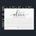 Black Calligraphy Adivce für die Braut Hinweiskarte<br><div class="desc">Black Calligraphy Advice for the Bride to be Bride Card | Notieren Sie sich Ihren Rat für die zukünftige Braut mit dieser leeren Erinnerungen-Karte. Es zeichnet sich durch eine Kalligraphie mit Laub-Muster aus. Matching-Elemente sind verfügbar.</div>