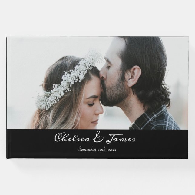 Black Calligraphy Script Foto Wedding Gästebuch (Vorderseite)