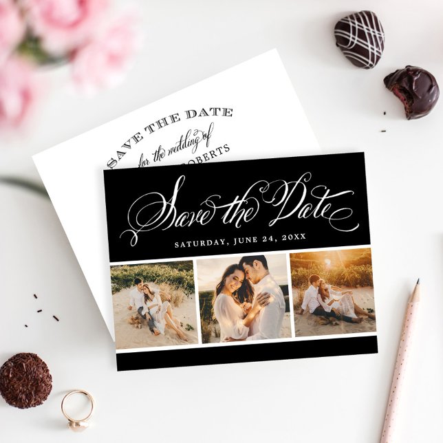 Black Calligraphy Script Wedding Foto Collage Save The Date (Von Creator hochgeladen)
