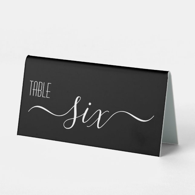 Black Calligraphy Wedding Tischnummer 6 Tischaufsteller (Vorderseite)