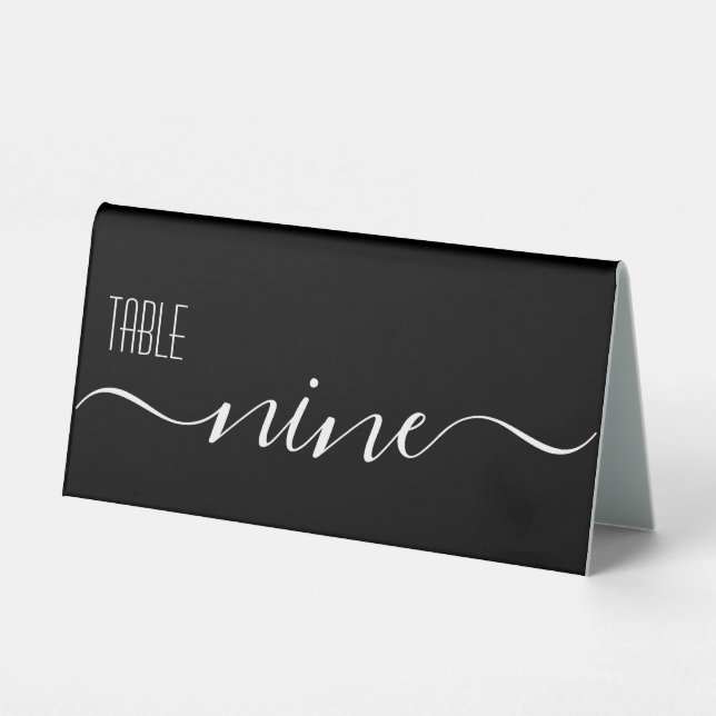 Black Calligraphy Wedding Tischnummer Nine Tischaufsteller (Vorderseite)
