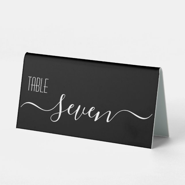 Black Calligraphy Wedding Tischnummer Seven Tischaufsteller (Vorderseite)