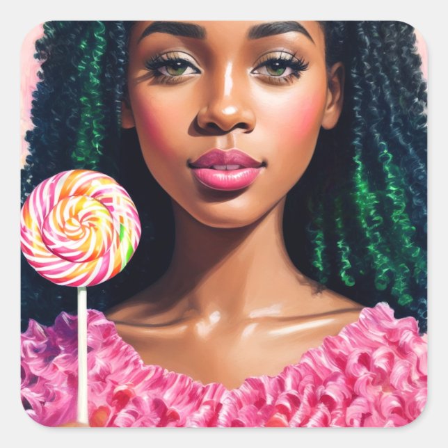 Black Candy Girl Lollipop Beauty Quadratischer Aufkleber (Vorderseite)