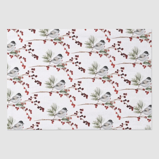 Black Cap Chickadees Kiefernzweige & Red Berries Seidenpapier (Vorderseite)