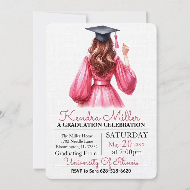Black Cap & Gown Watercolor Abschluss Einladung (Vorderseite)