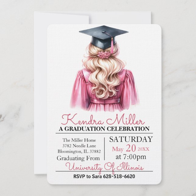 Black Cap & Gown Watercolor Abschluss Einladung (Vorderseite)