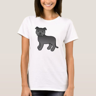 Black Cartoon Staffordshire Bull Terrier T-Shirt