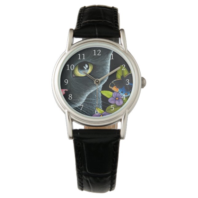 Black Cat 557 Blauer Schmetterling Blume Armbanduhr (Vorderseite)