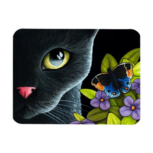 Black Cat 557 Blauer Schmetterling Blume Magnet (Horizontal)