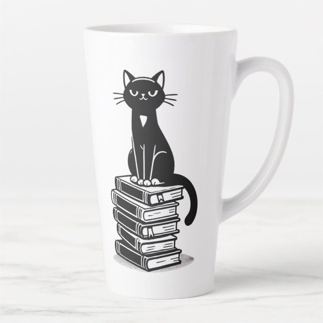 Black Cat and Books - Minimalistisches Design Milchtasse (Rechts)