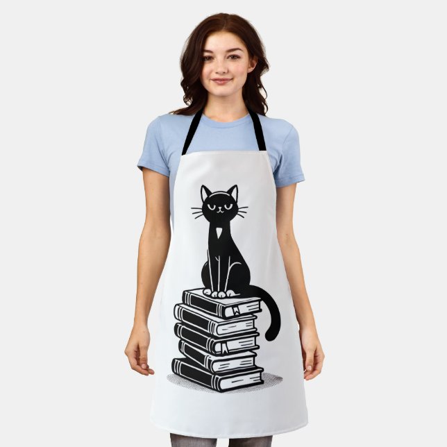 Black Cat and Books - Minimalistisches Design Schürze (Getragen)