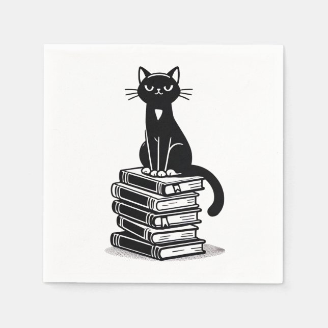 Black Cat and Books - Minimalistisches Design Serviette (Vorderseite)