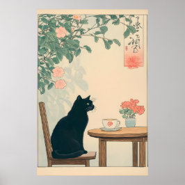 Black Cat And Coffee Print Ukiyo-e Japandi Art Poster