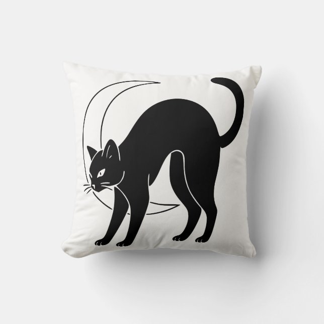 Black Cat and Crescent Moon Line Art Kissen (Vorderseite)