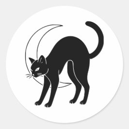 Black Cat and Crescent Moon Line Art Runder Aufkleber