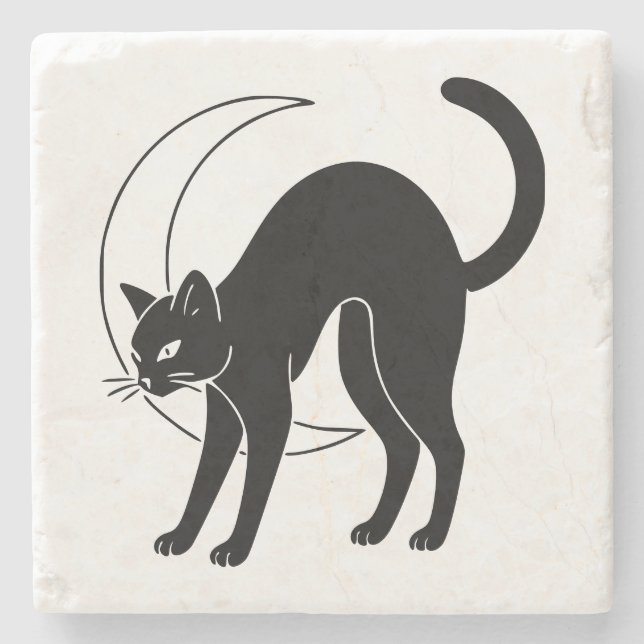 Black Cat and Crescent Moon Line Art Steinuntersetzer (Vorderseite)