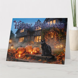 Black Cat And Glowing Carved Pumpkins  Karte