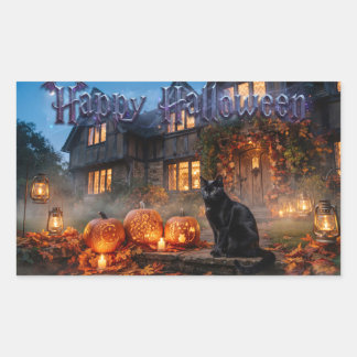 Black Cat And Glowing Carved Pumpkins  Rechteckiger Aufkleber
