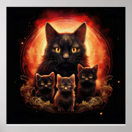 Black Cat And Her Three Kittens Poster