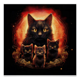 Black Cat And Her Three Kittens Poster