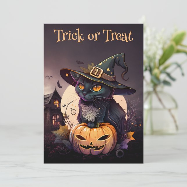 Black Cat and Pumpkin Halloween-Party Einladung (Stehend Vorderseite)