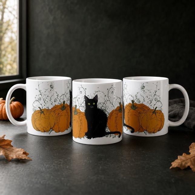 Black Cat and Pumpkins Halloween Kaffeetasse (Moody Black Cat Mug)