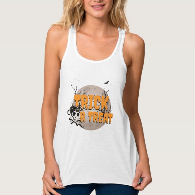 Black Cat and Skull Trick oder Treff Halloween Tank Top (Vorderseite)