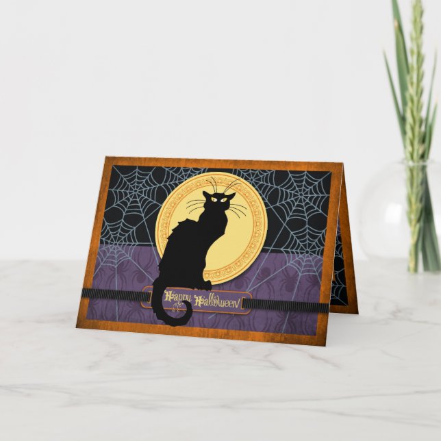 Black Cat and Spider Webs zu Halloween Night Karte (Vorderseite)