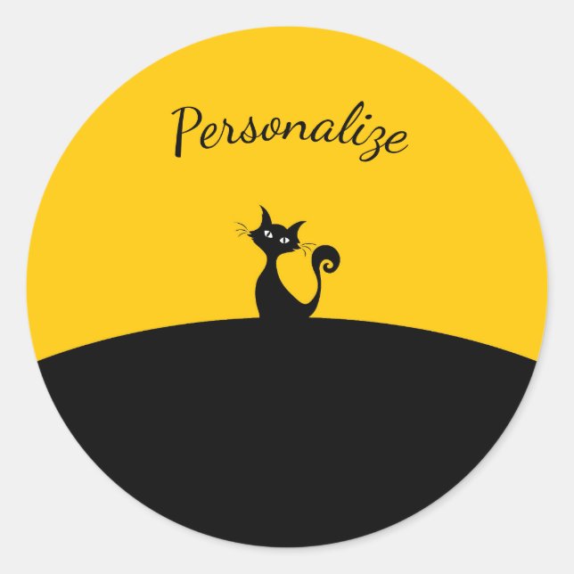 Black Cat auf Black & Yellow Personalize Runder Aufkleber (Vorderseite)