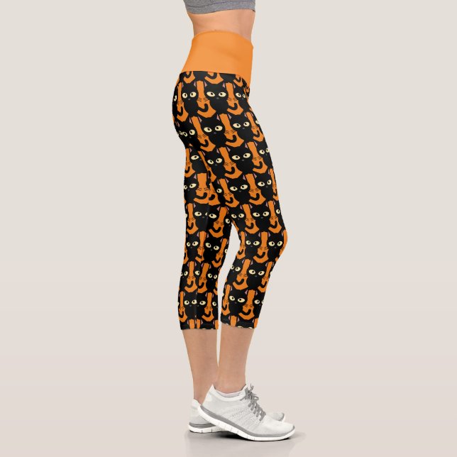 Black Cat auf Orange Halloween Style Yoga Capri Leggings (Rechts)