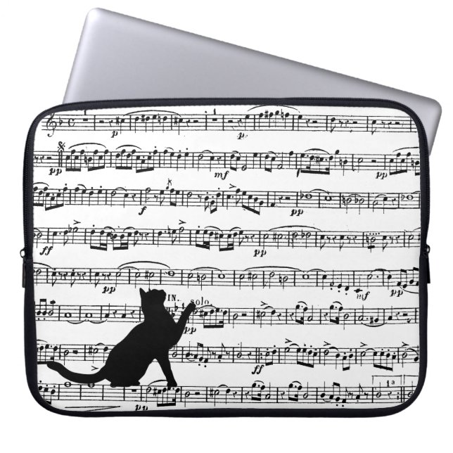Black Cat auf Sheet Music Laptopschutzhülle (Vorderseite)