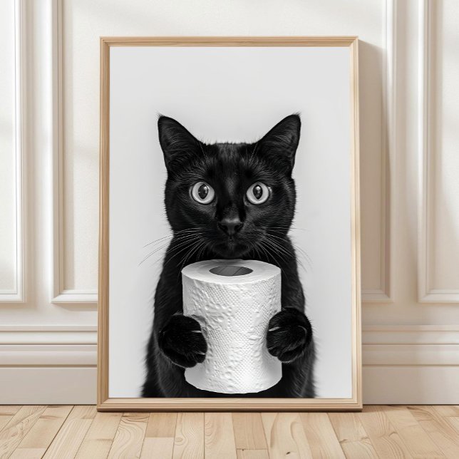 Black Cat Bathroom Print, Cat Holding Toilet Roll, Poster (Von Creator hochgeladen)