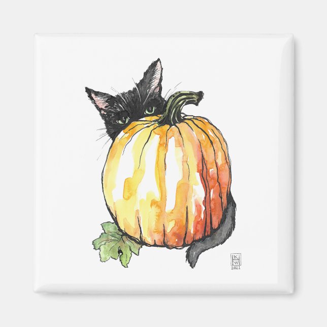 Black Cat Behind Pumpkin Magnet (Vorne)
