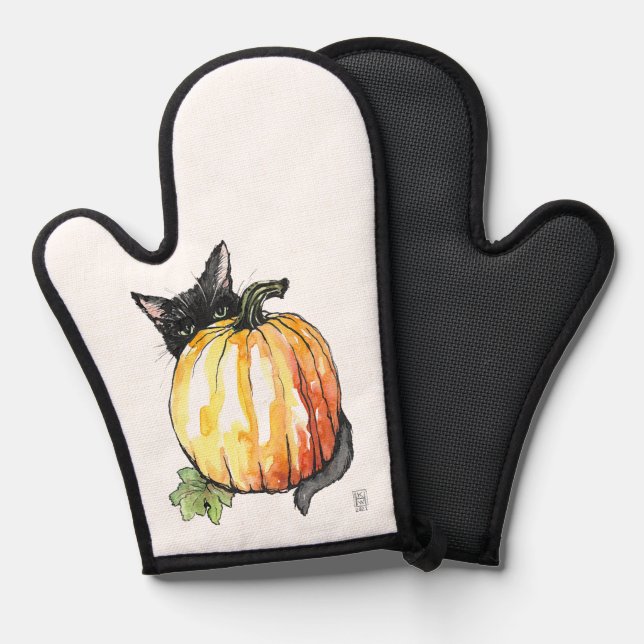 Black Cat Behind Pumpkin Oven Mitt Ofenhandschuh (Vorderseite/Rückseite)