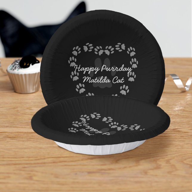 Black Cat Birthday Paw Print Heart Paper Bowles Pappteller (Purrfect paper bowl for your purrday party. Just add your name)