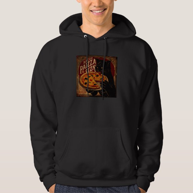 Black Cat Biting Pizza Hoodie (Vorderseite)