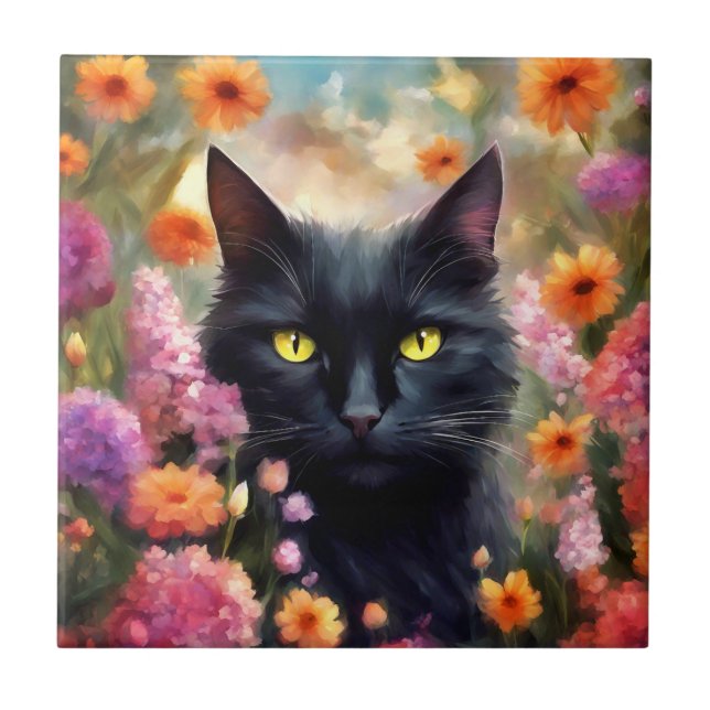 Black Cat Blume Garden Cat 736 Fliese (Vorderseite)