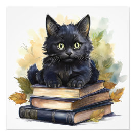Black Cat Book Stack Fotodruck