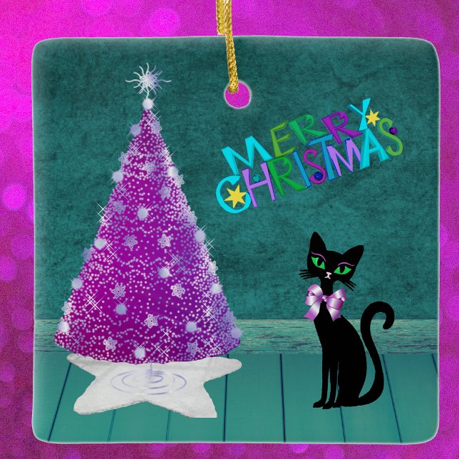  Black Cat Bow by Pink Tree Teal Merry Christmas Keramikornament (Pink tree silver stars black cat festive colourful Merry Christmas letters in teal room on ornament.)